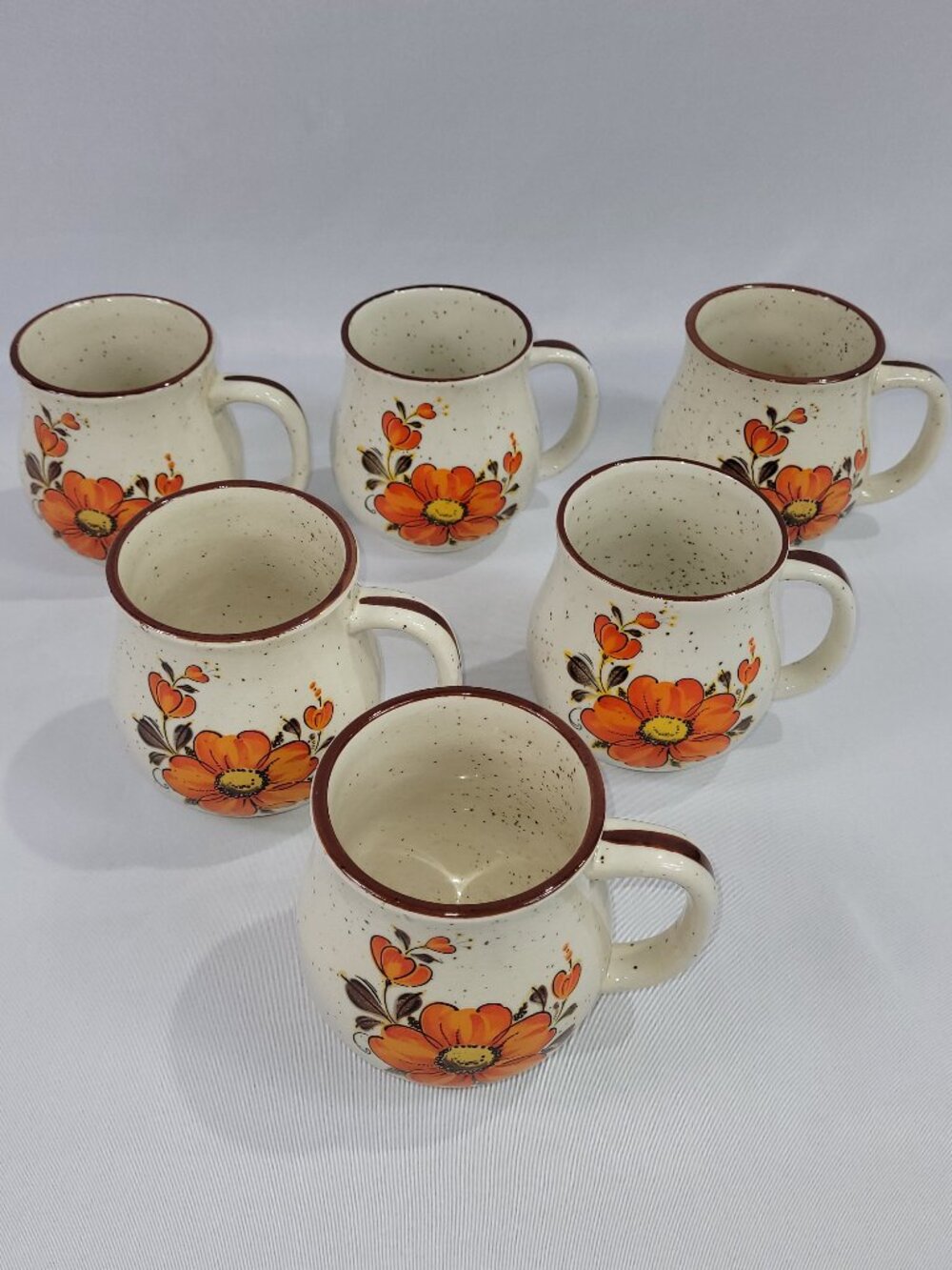 Valencia Floral Poppy Set 6 Coffee Mugs Vintage Stoneware 1970s Cups Japan